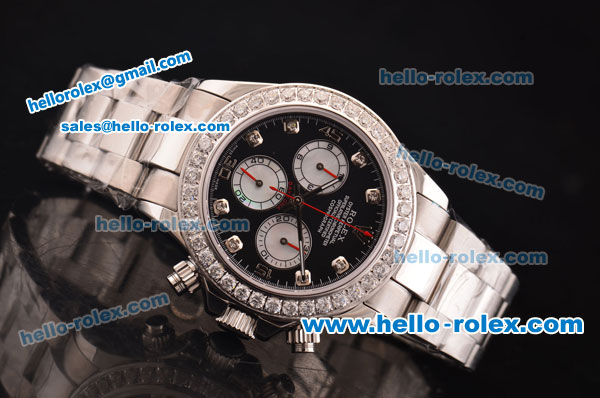 Rolex Daytona Swiss Valjoux 7750-SHG Automatic Steel Case/Strap with Black Dial and Diamond Bezel - Click Image to Close